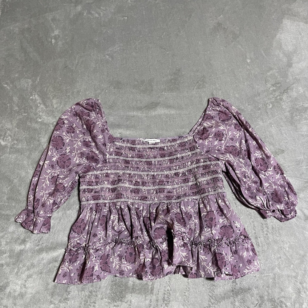 American Eagle‎ Top Womens XL Purple Floral Puff Sleeve Baby Doll Smocked Fairy
